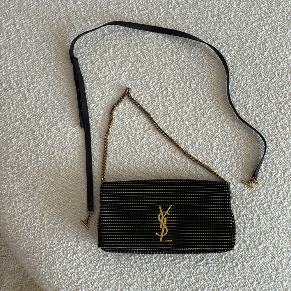 Yves Saint Laurent Suede Contrast Stitching Monogram Kate 99 Black Gold Bag - Picture 10 of 10